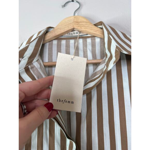 NWT The Femm Long Sleeve Brooke Stripe Ruffle Poplin Blouse Top Brown and Cream - Picture 4 of 8